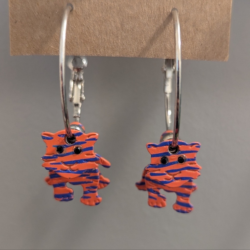 Auburn Tigers Style Dangling Moving Hoops Earrings Enamel Stripes Silver Tone